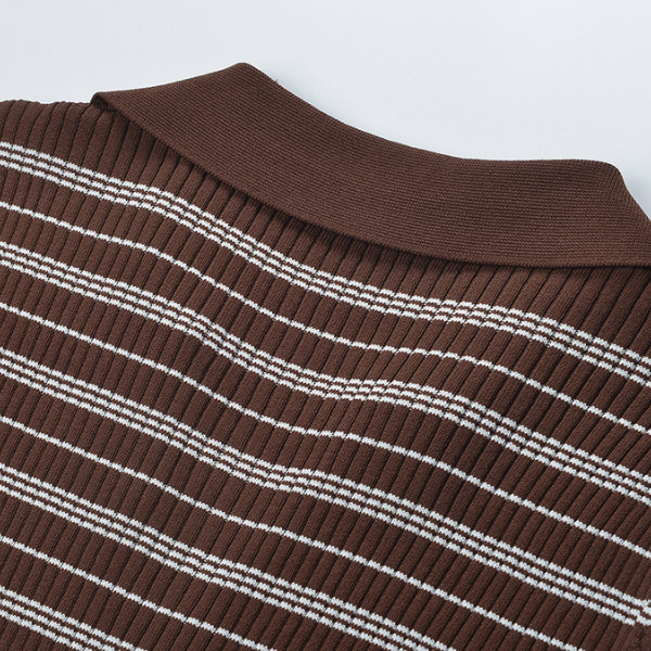 Cocoa Stripe Ribbed Polo Knit Top