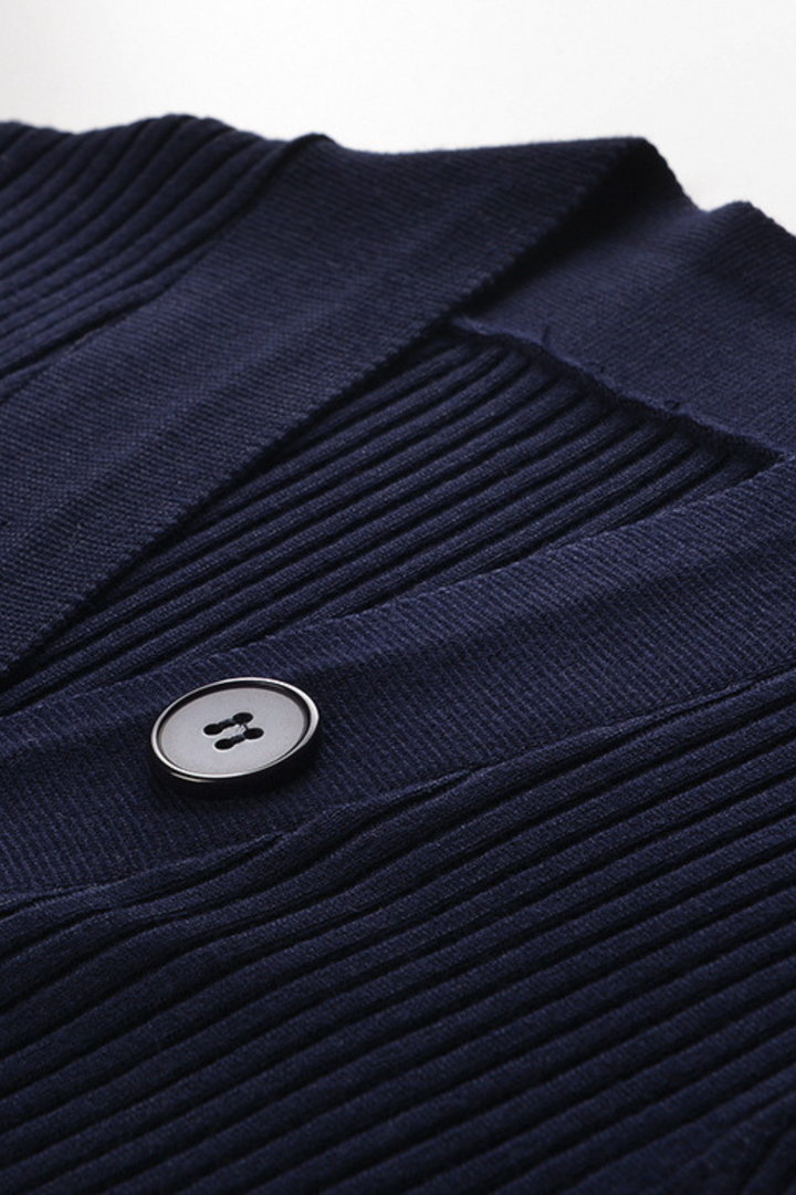 Navy Blue Soft Wool Ribbed V-Neck  Button Top