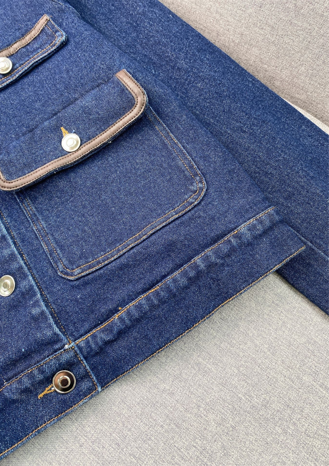 Liora – Leather Trim Lapel Denim Jacket Top