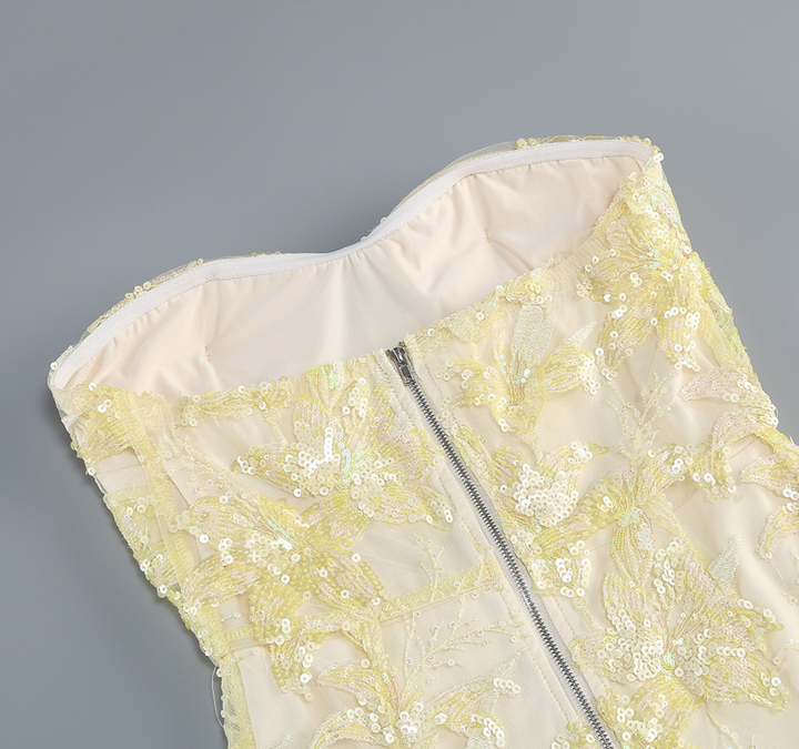 Golden Blossom Embroidered Strapless Gown