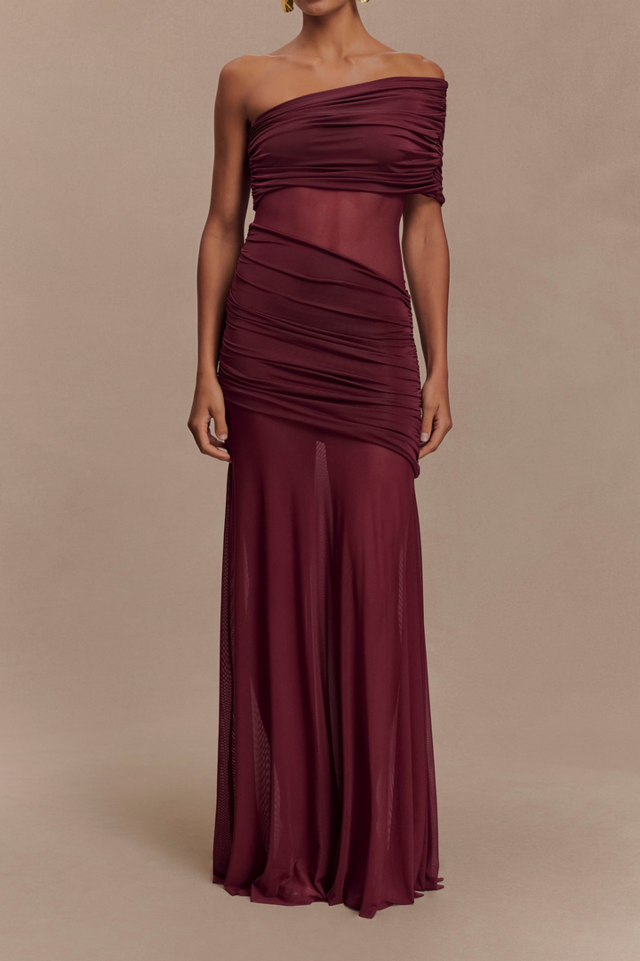 Gia Mesh Drape One-Shoulder Maxi Dress
