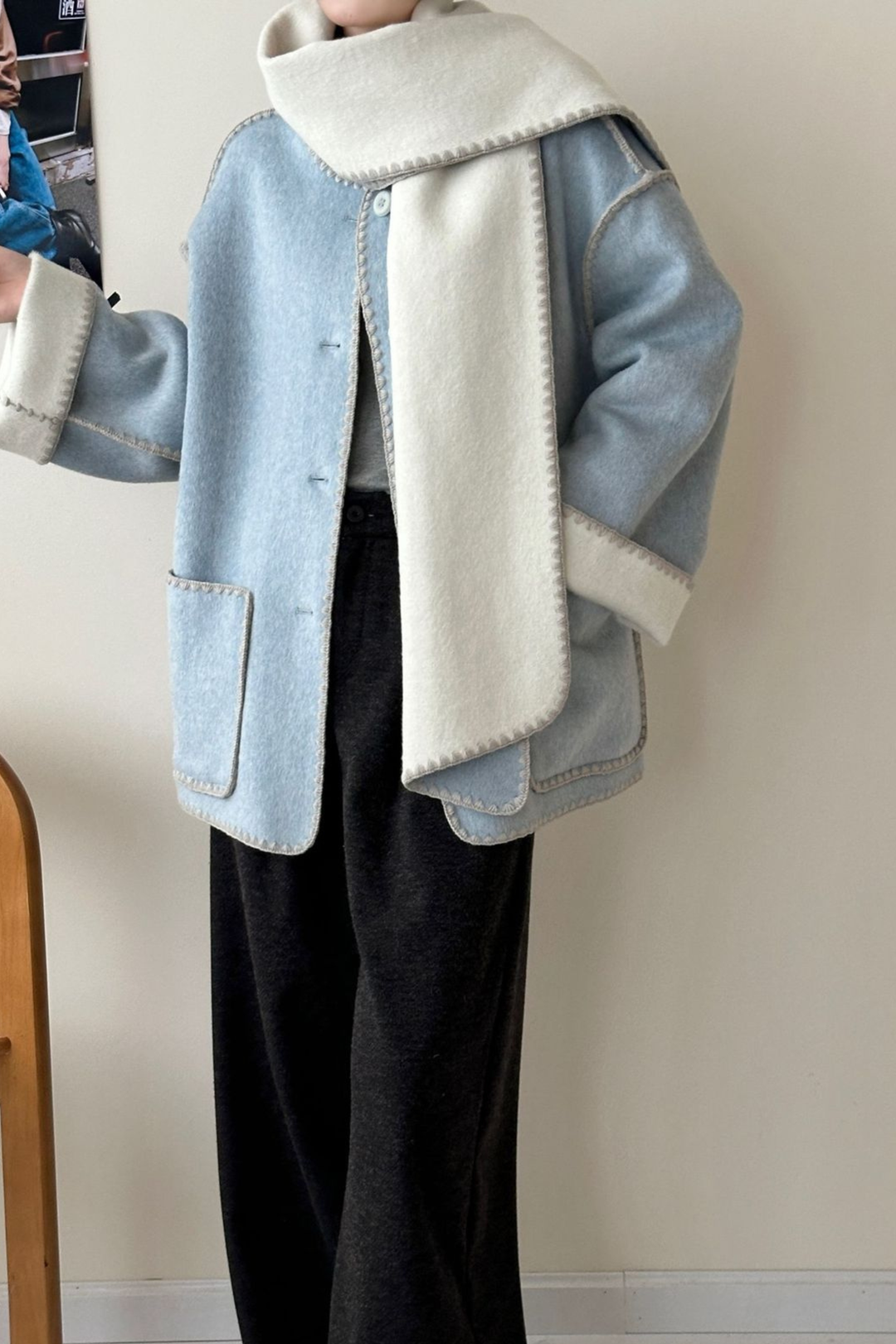 Angelic Soft Stitch Coat Scarf Cardigan - Sky Ivory