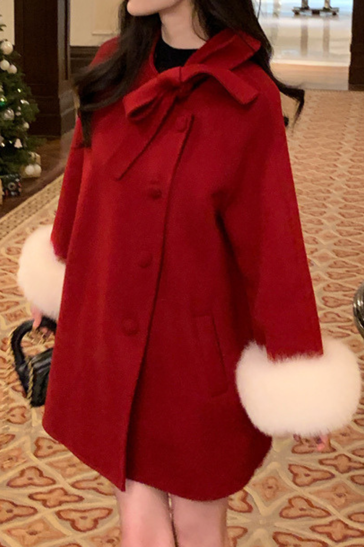 Fox Fur Wool Poncho Bow Statement Cuffs Coat
