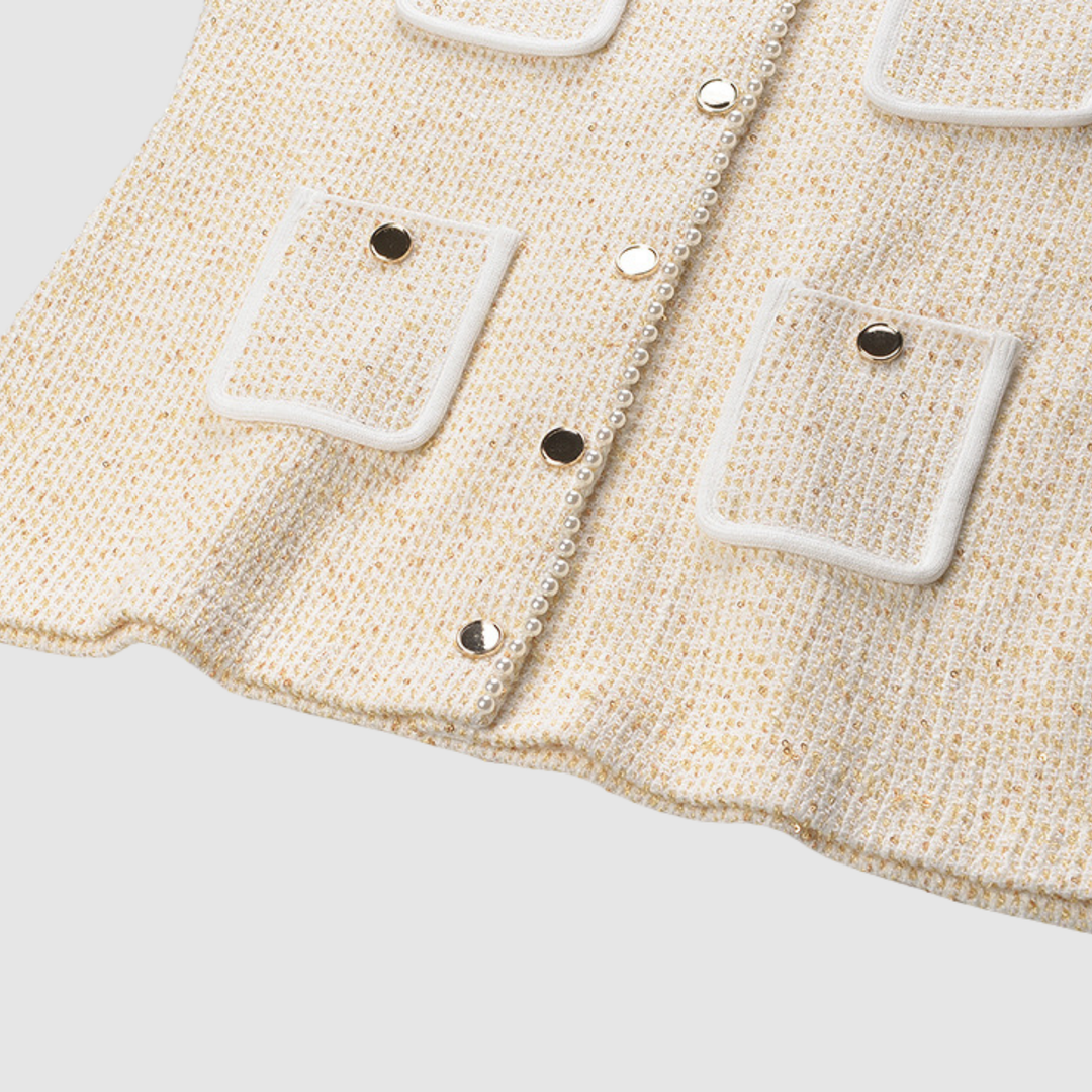 Elegant Golden Pleated Pearl Vest Set