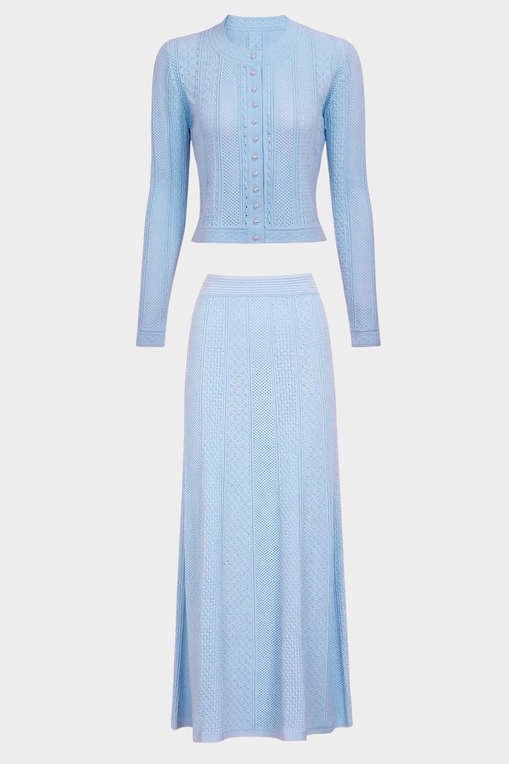 Pearl Luxe Buttoned Textured Knit Maxi Skirt Set