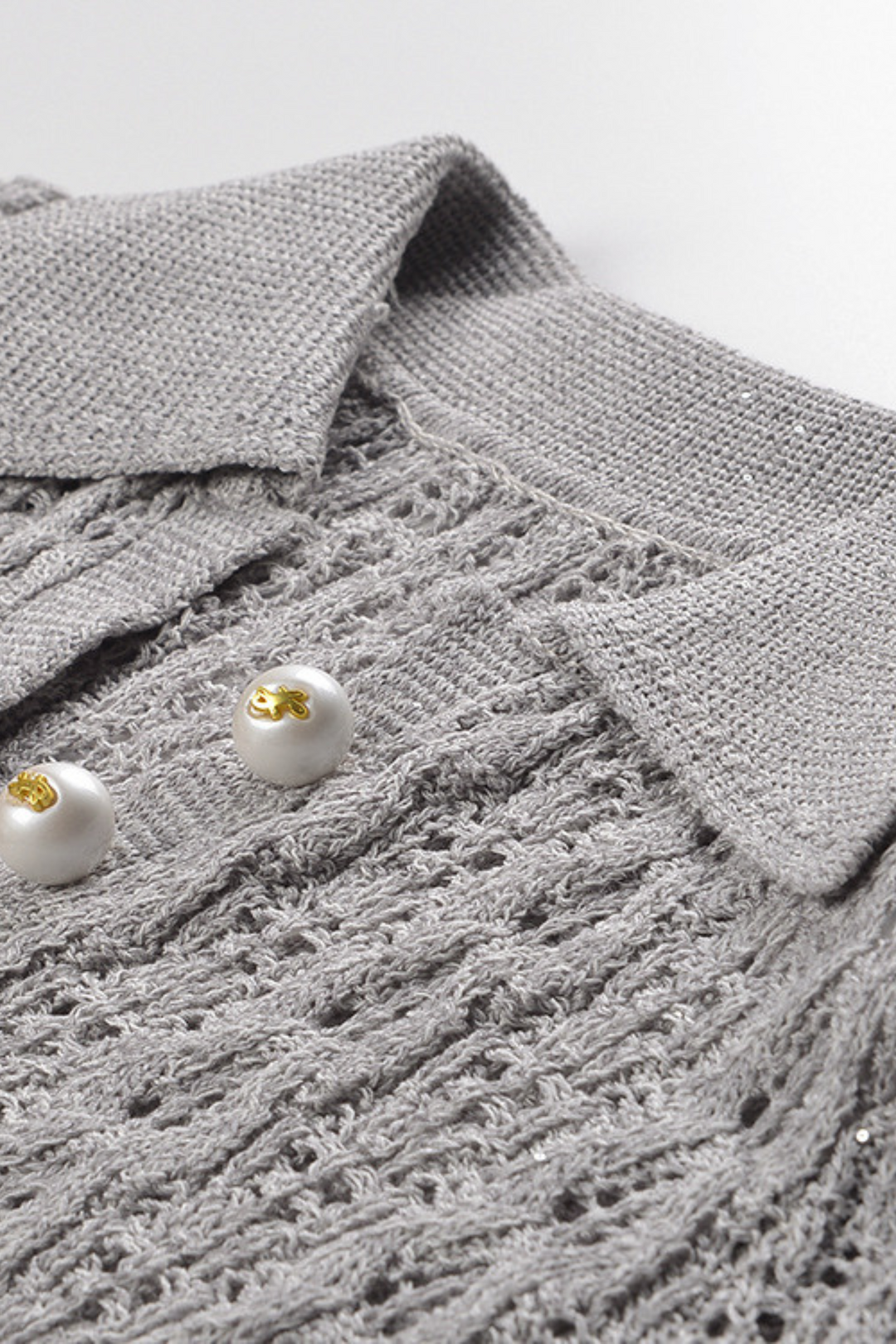 Pearl Lace-Trim Crochet Knit Polo Top