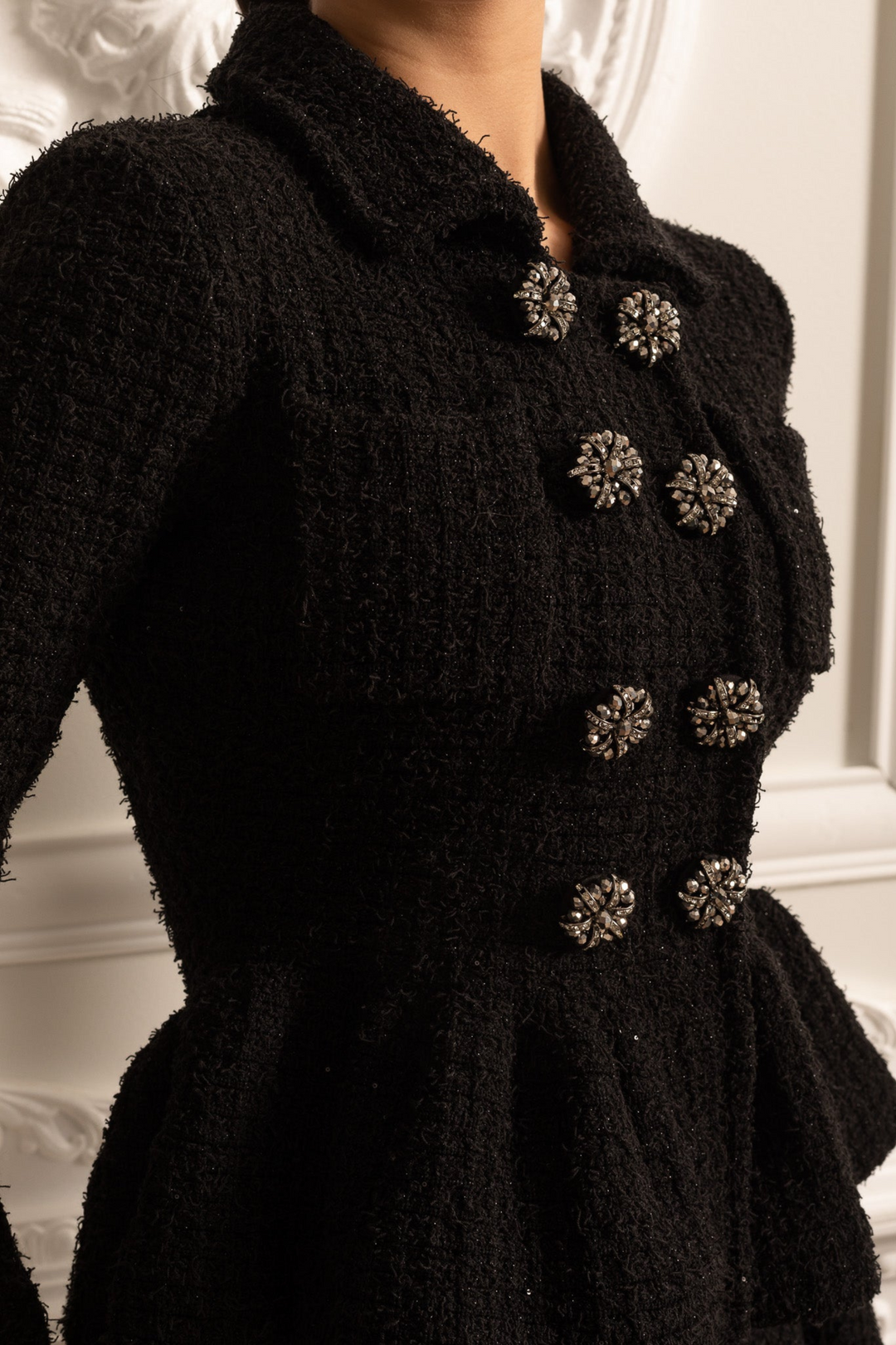 Classic Noir Ruffle Sequin Knit Maxi Dress