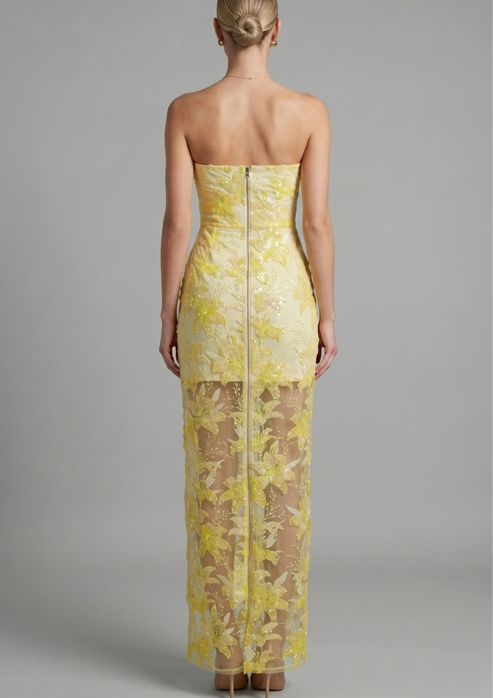 Golden Blossom Embroidered Strapless Gown