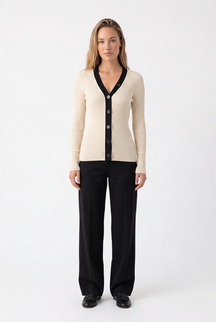Desert Contrast Soft Wool V Neck Button Up  Top