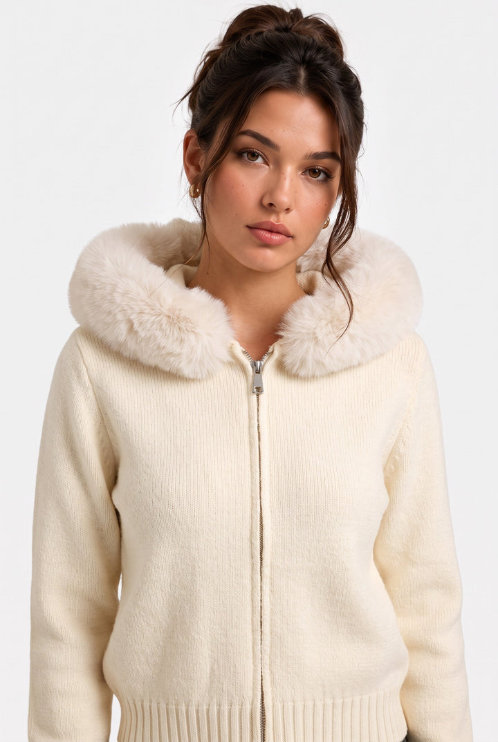 Fox Fur Collar Soft Wool Hooded jacket Top