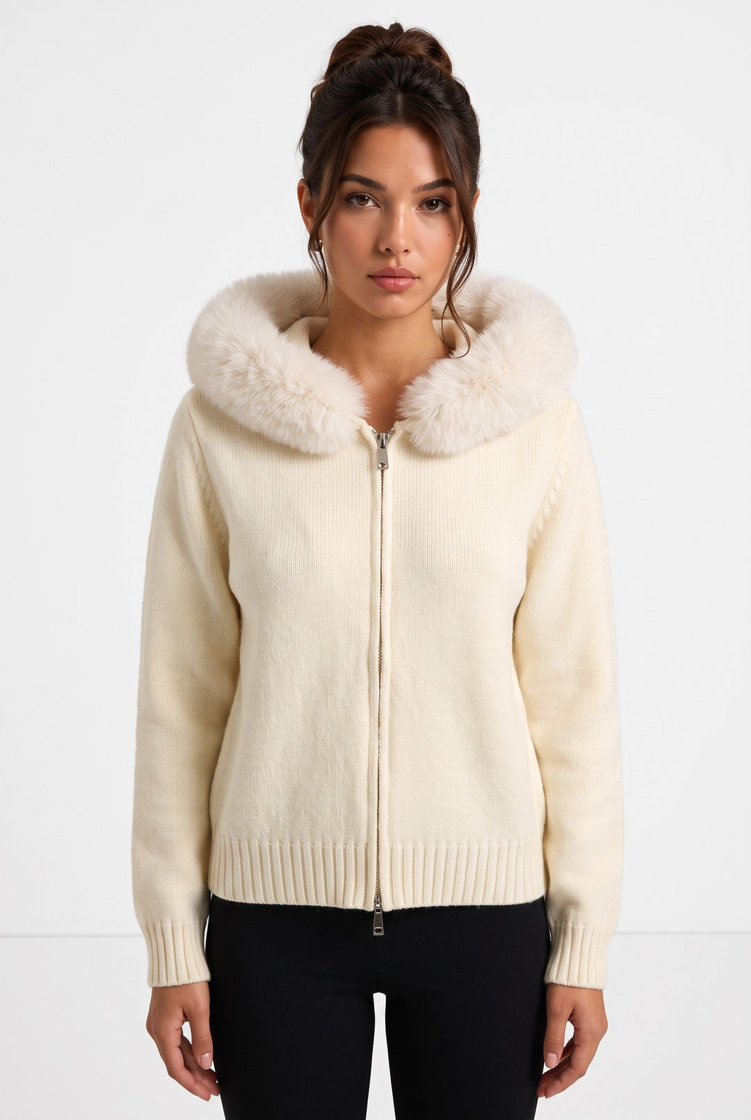Fox Fur Collar Soft Wool Hooded jacket Top