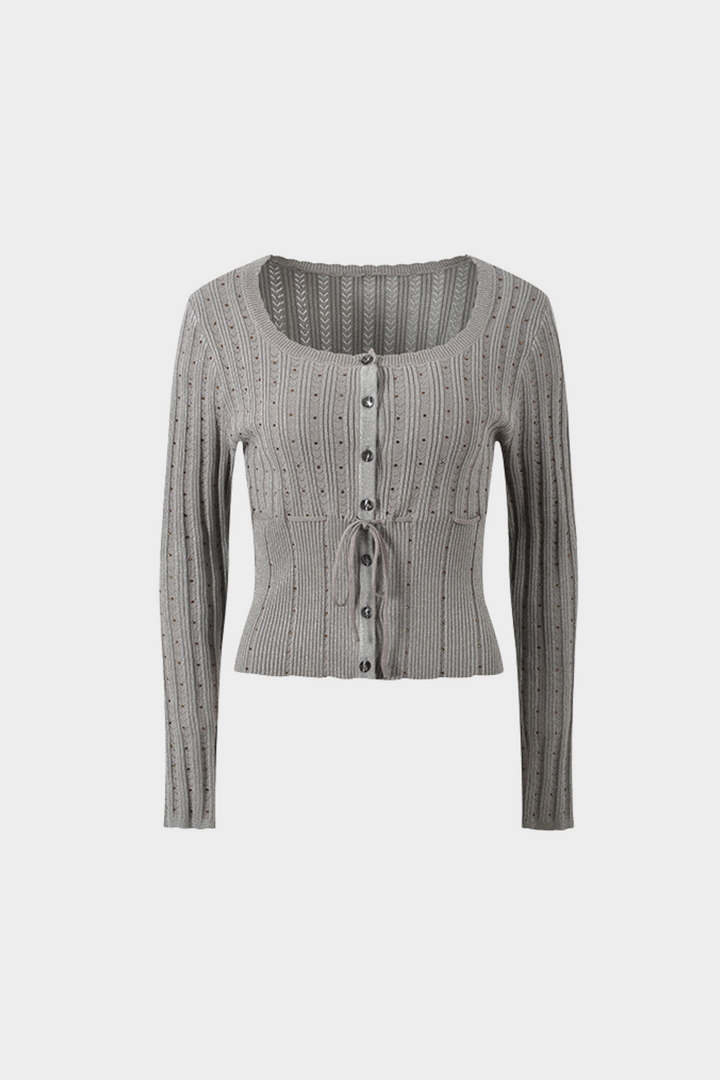 Gleam Beaded Elegance Tencel Knit Tie Waist Top