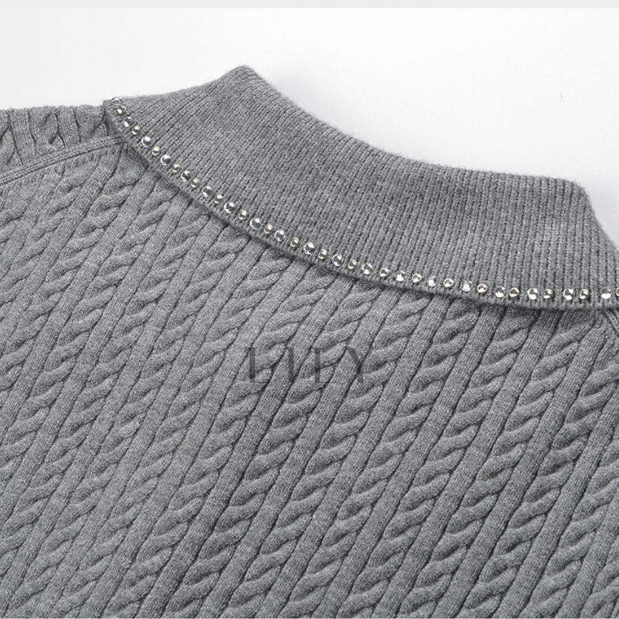 Maryln Rhinestone Lapel Ribbed Knit Cardigan Top