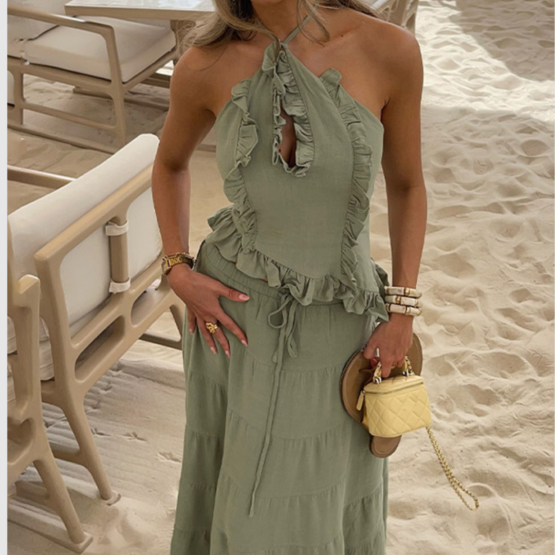 Island Sage Ruffle Halter Neck Set