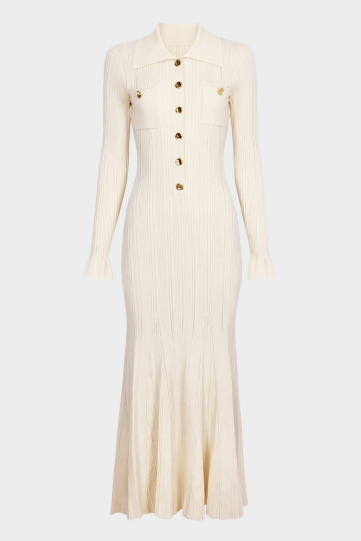 Viscose  Lapel Gold Buttons  Flared Hem Maxi Dress