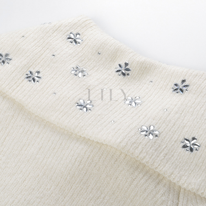 Crystal Bloom Collar Wool Cardigan Jacket Top