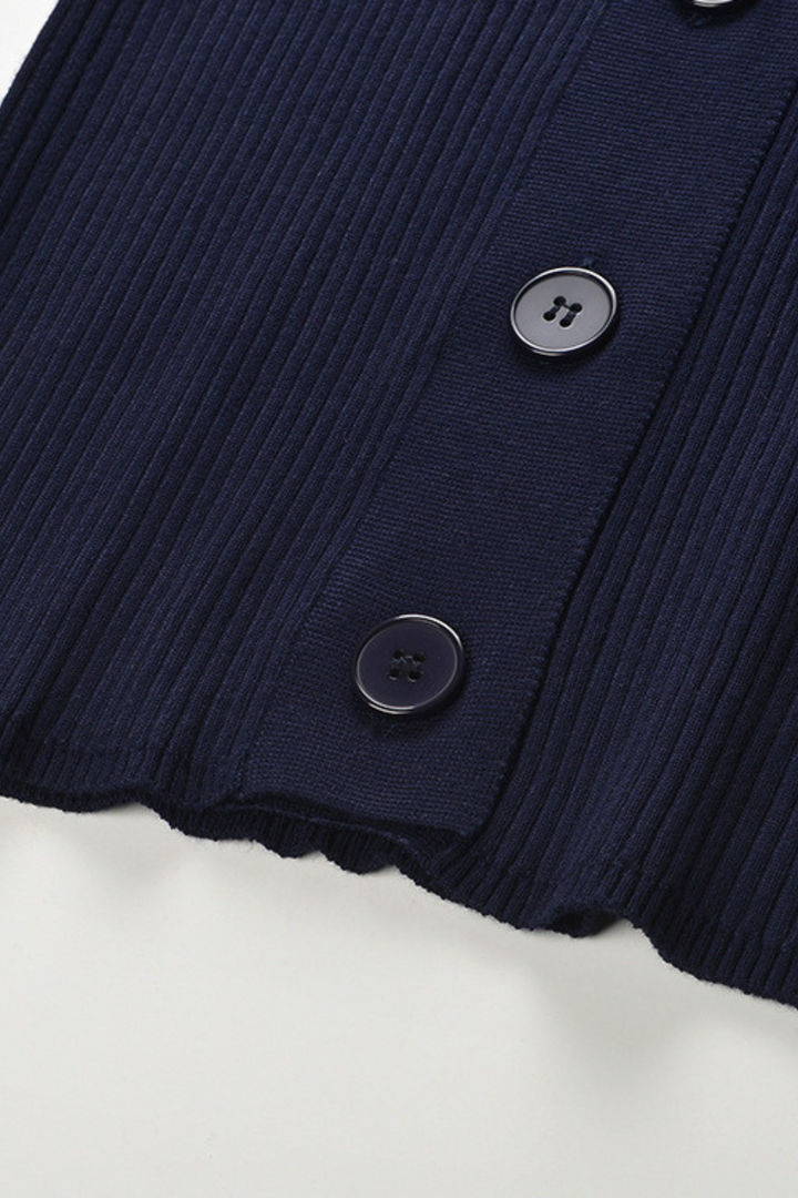 Navy Blue Soft Wool Ribbed V-Neck  Button Top