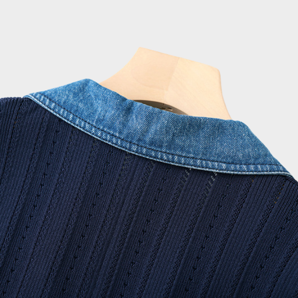 Denim Collar Buttoned Knit Maxi Dress