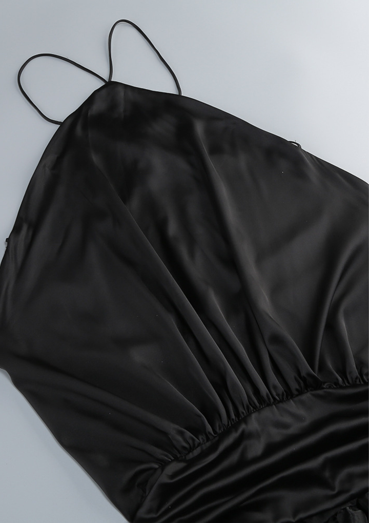 Noir Whisper Backless Ruffle Mini Dress