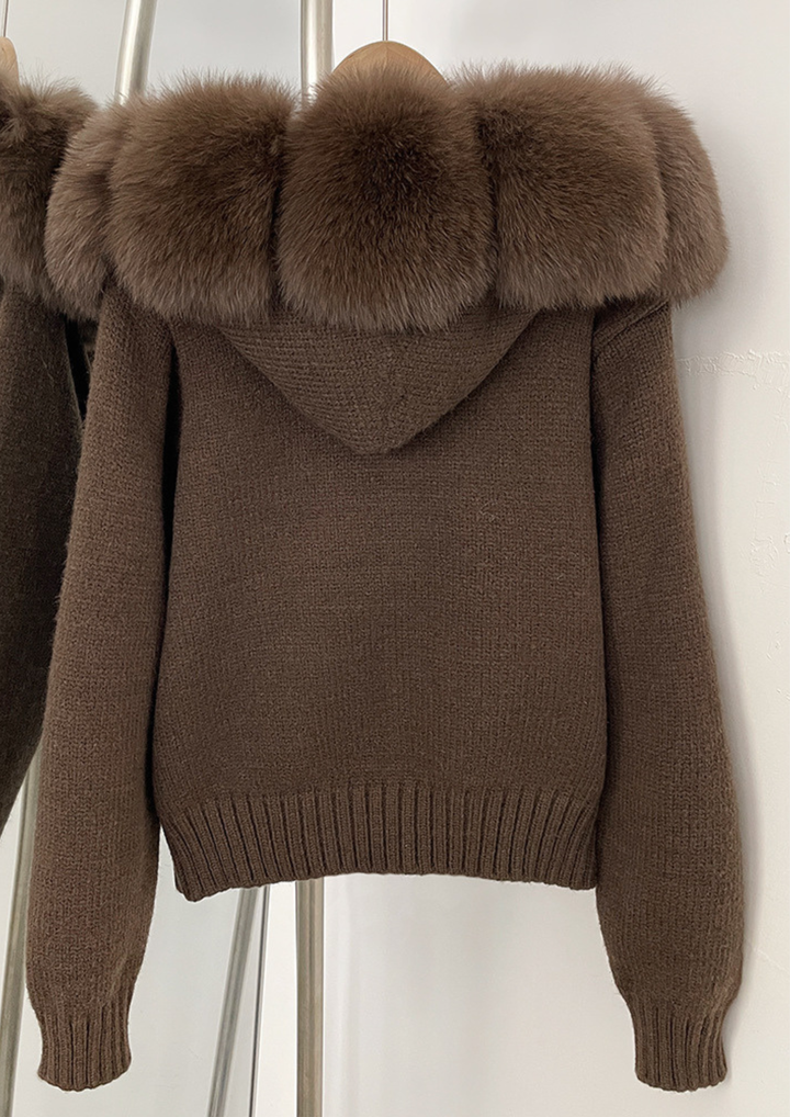 Large Fur Collar Hooded Zipper  Jacket Top
