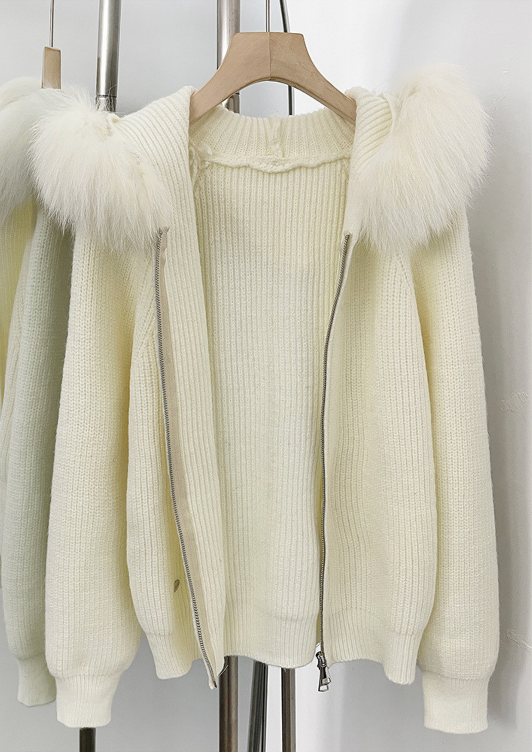 Ivory Fox Fur Trim Hooded Knit Jacket Top