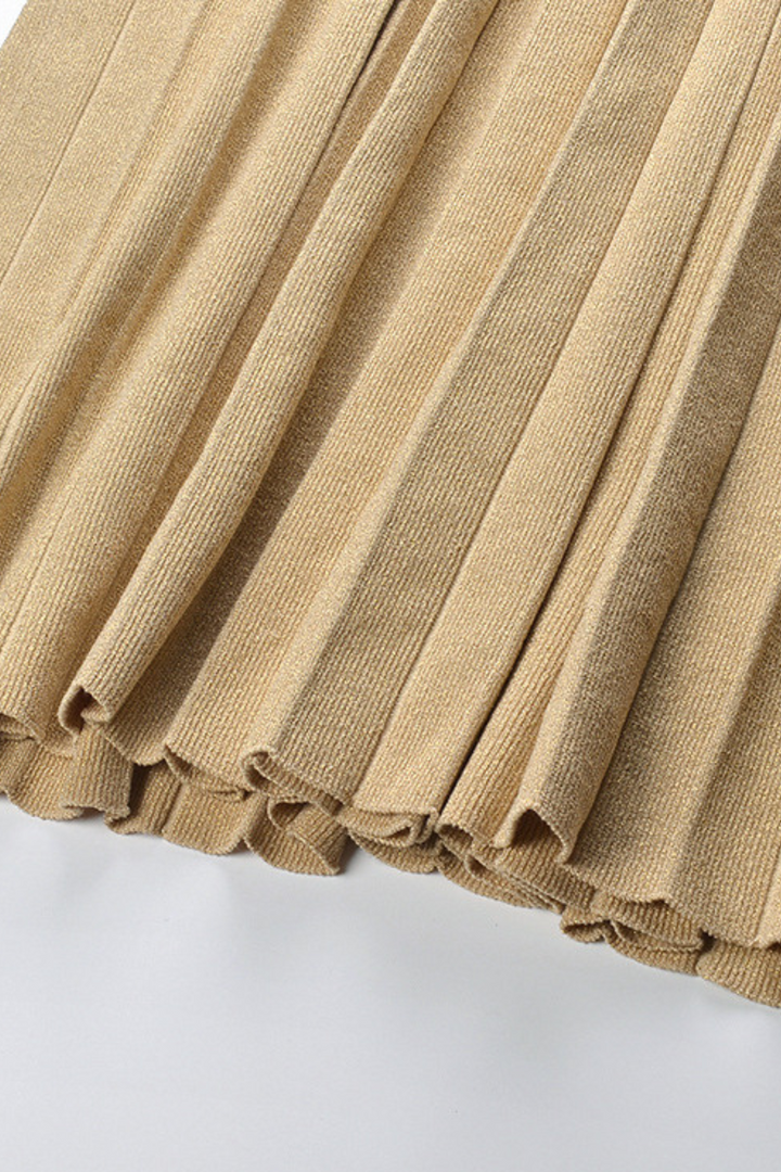 Lily – Golden Sand Polo Collar Pleated Viscose  Knit Maxi Dress