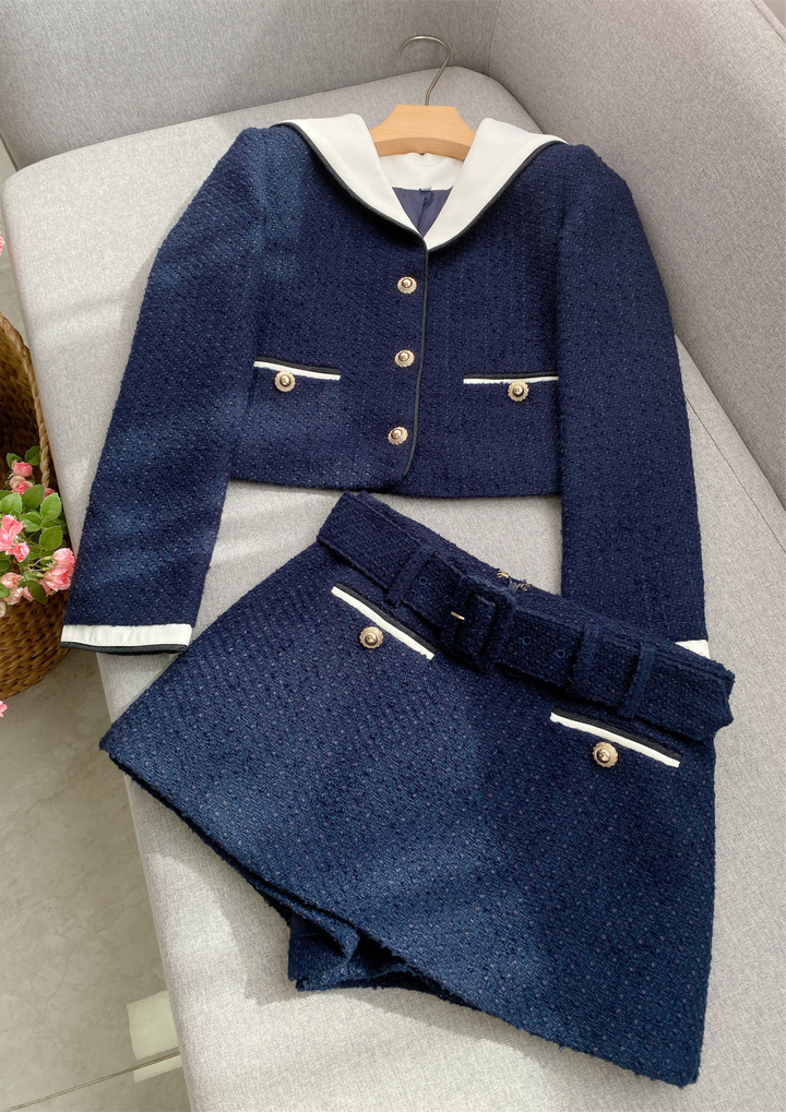 Navy Contrast Elegance Tweed Belted Set