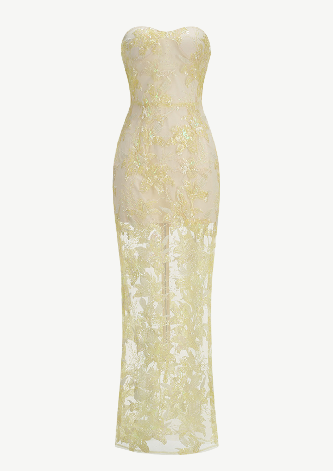 Golden Blossom Embroidered Strapless Gown