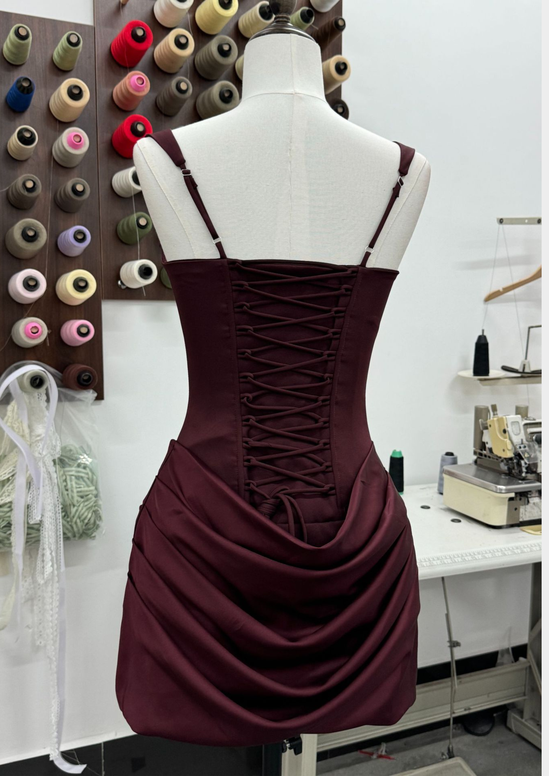 Draped Waist Sculpt Back Lace Mini Dress