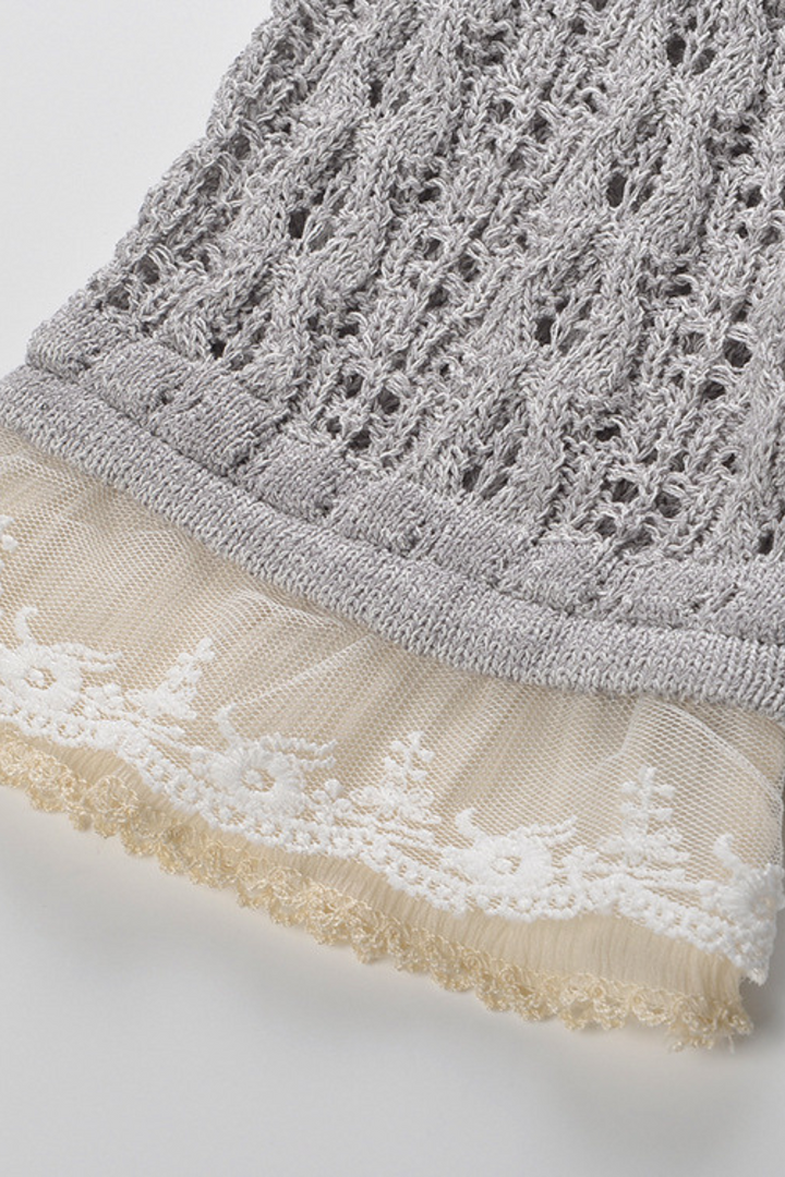 Pearl Lace-Trim Crochet Knit Polo Top