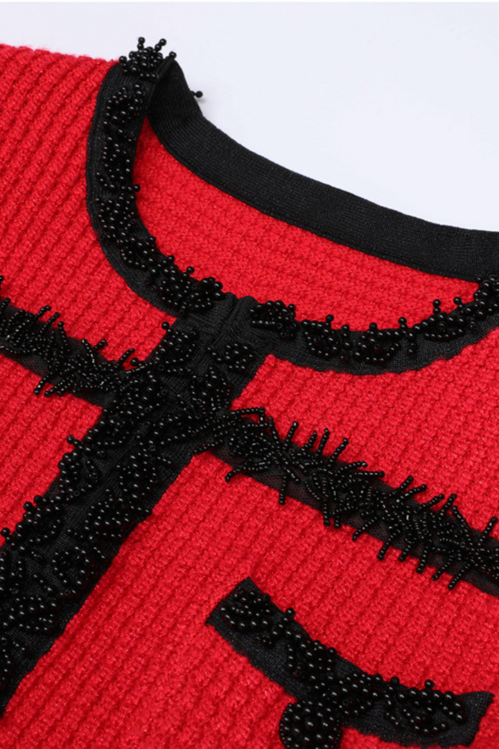 Opulent Pearl Trim Viscose Knit Flare Elegance Maxi Dress