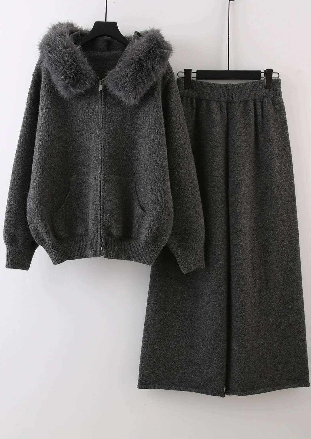 Comfy Lily Fur Trim Zip Hooded Knit Set