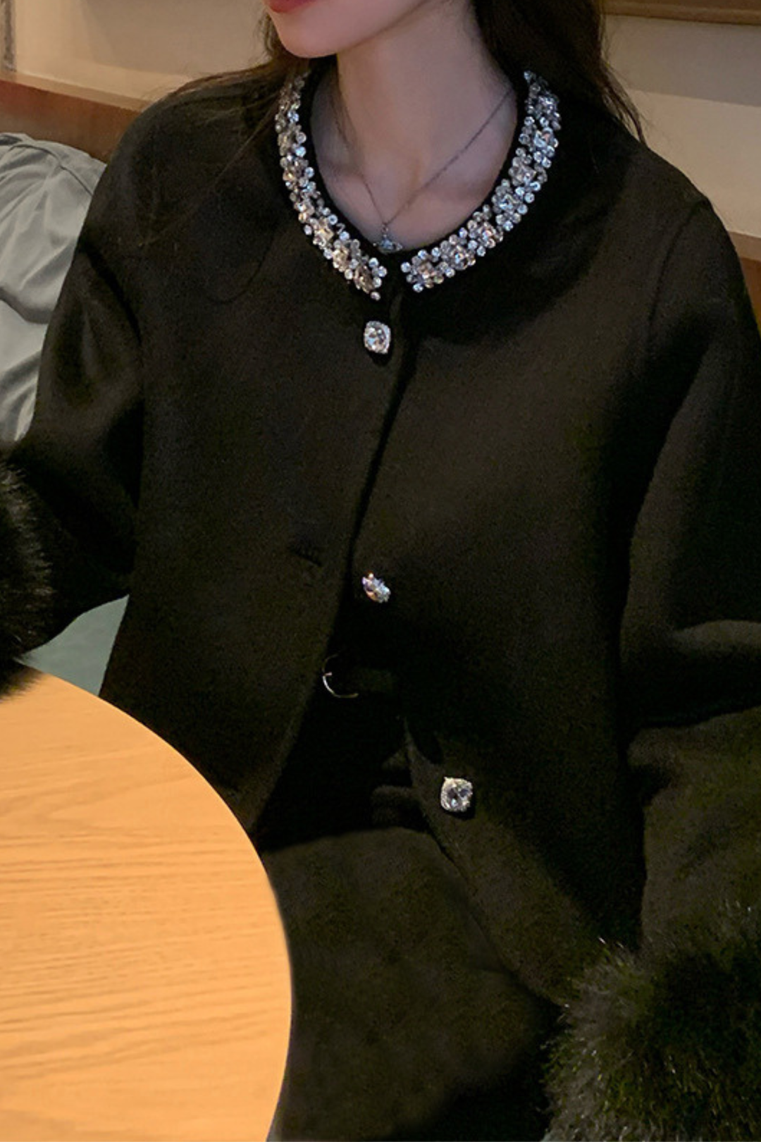 Crystal Collar Luxe Fur Cuff Wool Cardigan Top