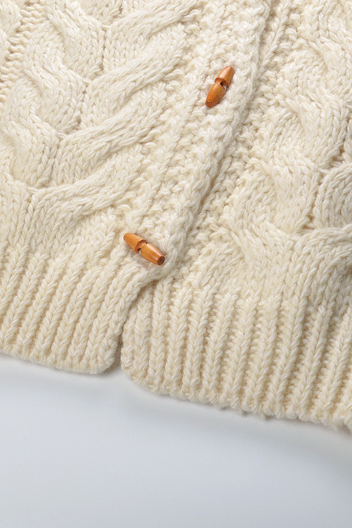 Alpine Charm Cable Soft Wool Wooden Buttoned Cardigan Jacket