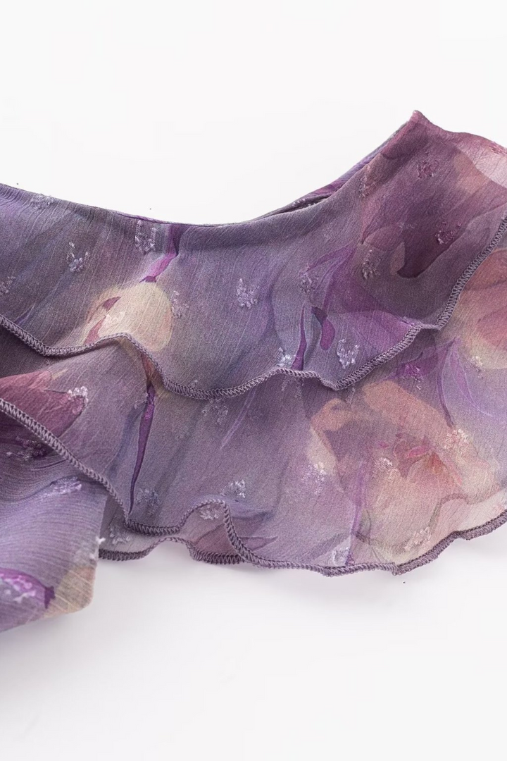 Enchanted Violet Floral Ruffle Maxi Dress