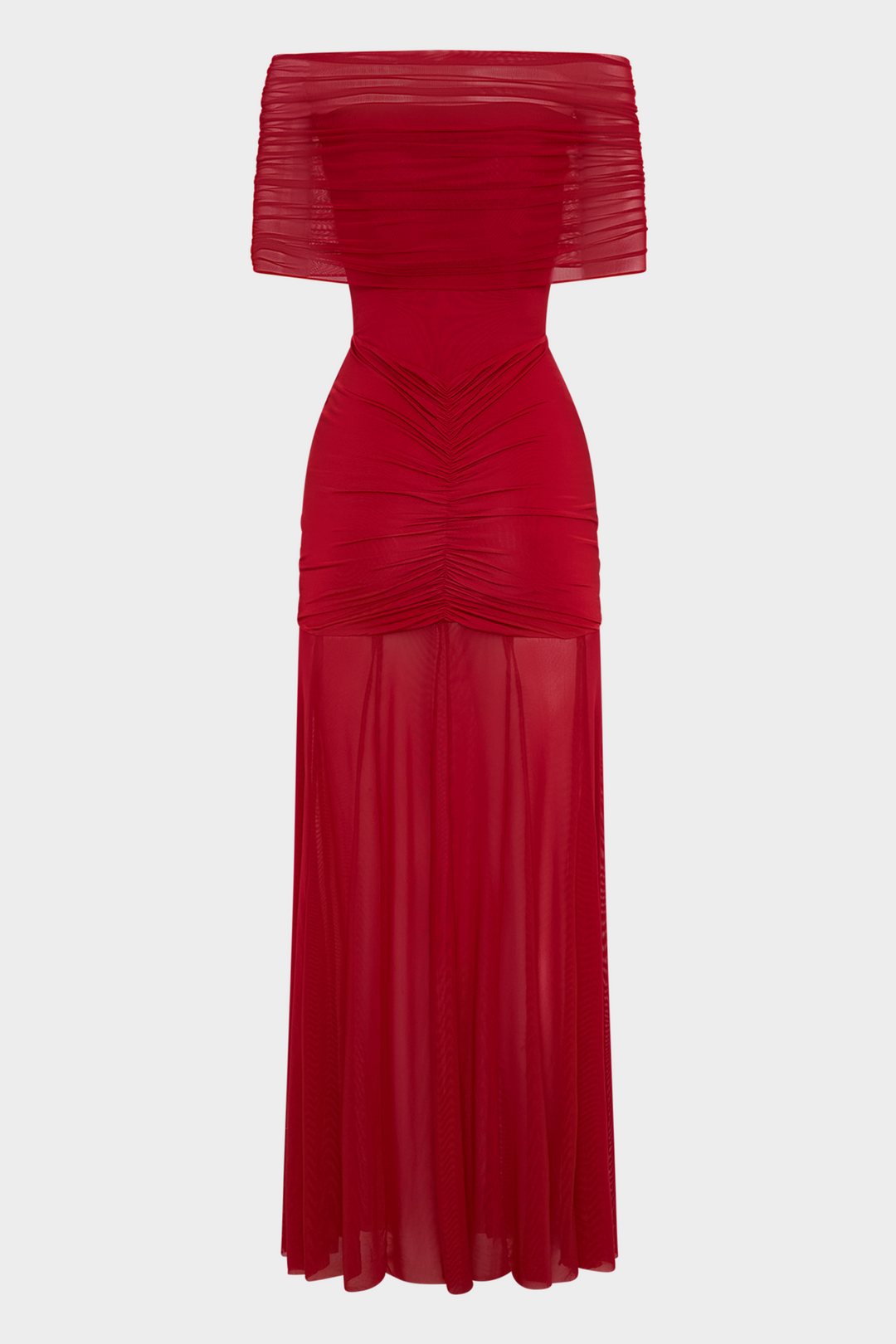 Scarlet Serenity Off Shoulder Ruched Mesh Maxi Dress