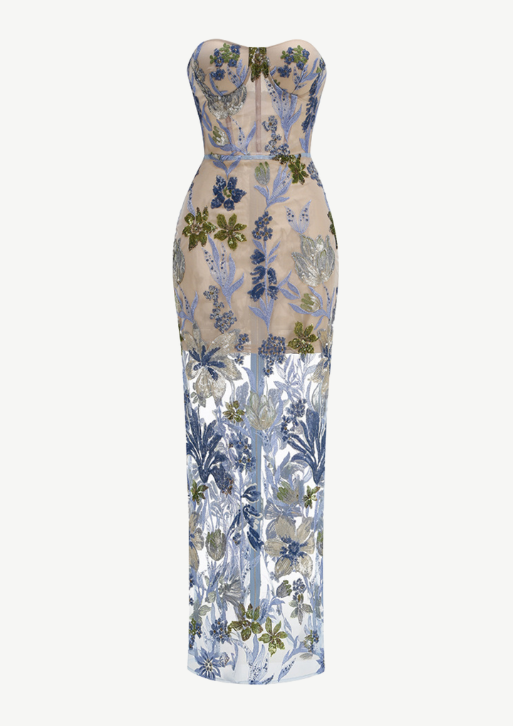 Enchanted Bloom Embroidered Strapless Gown