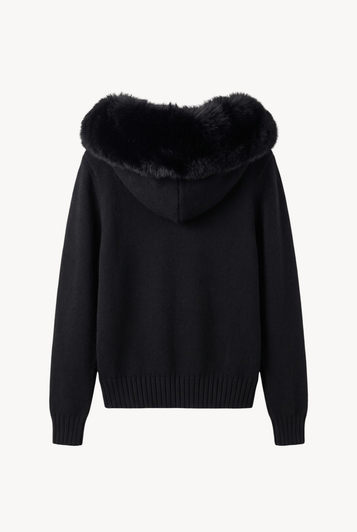 lily black wool hooded cardigan with a plush genuine fox fur trim on the hood, shown from the back view