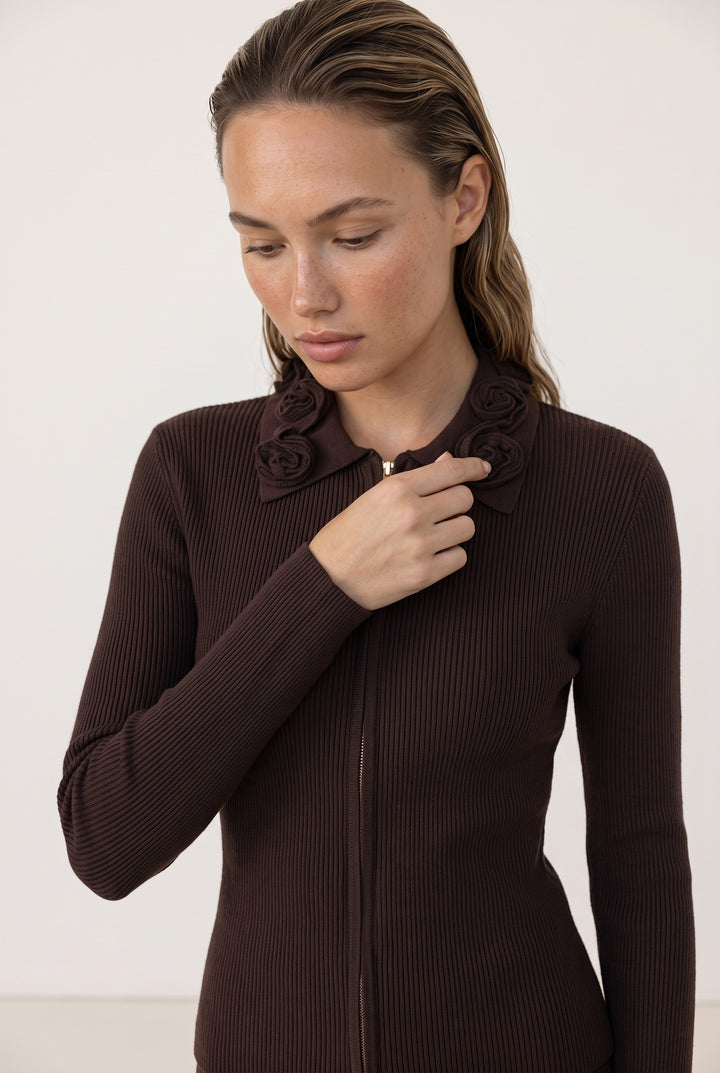 Rosette Collar Zip Cardigan