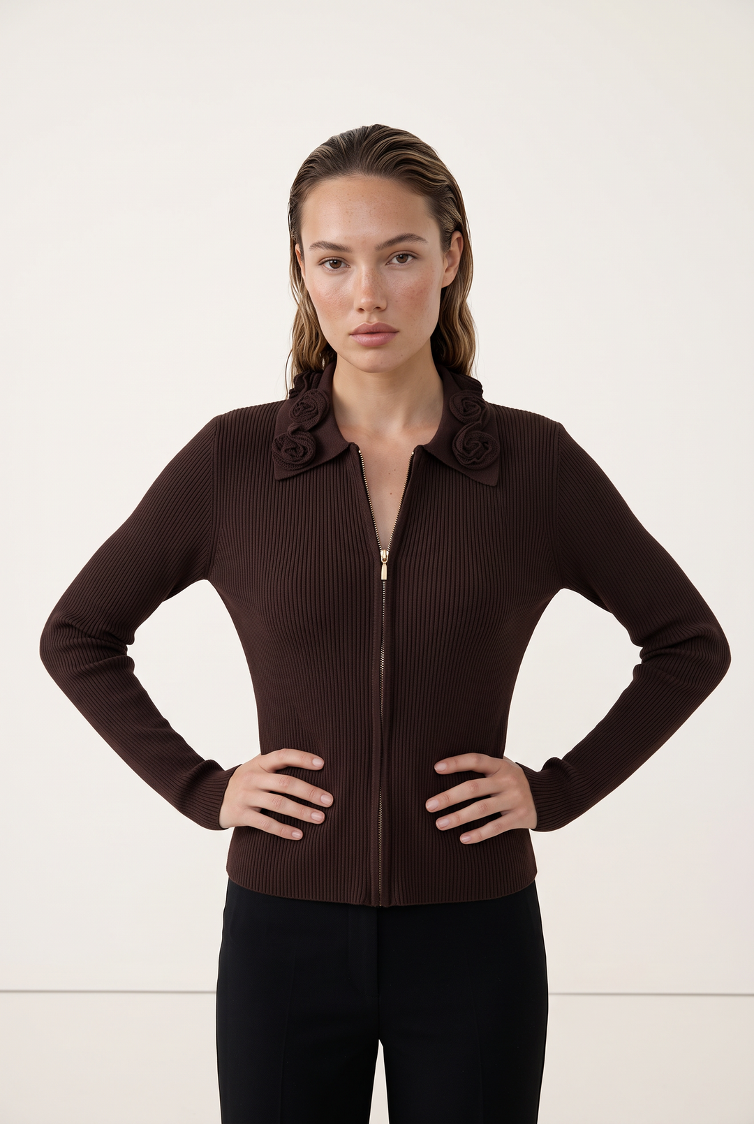 Rosette Collar Zip Cardigan
