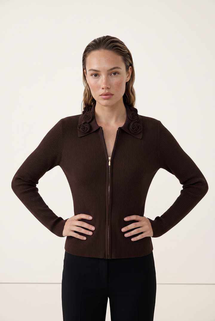 Rosette Collar Zip Cardigan