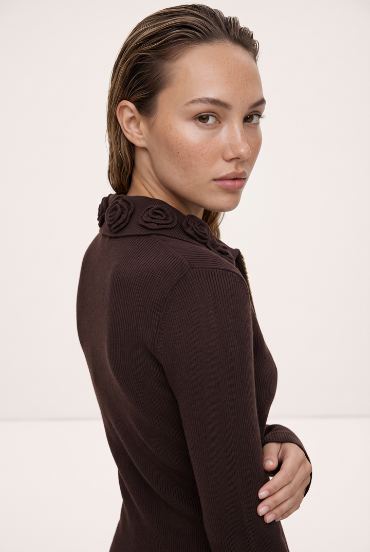 Rosette Collar Zip Cardigan