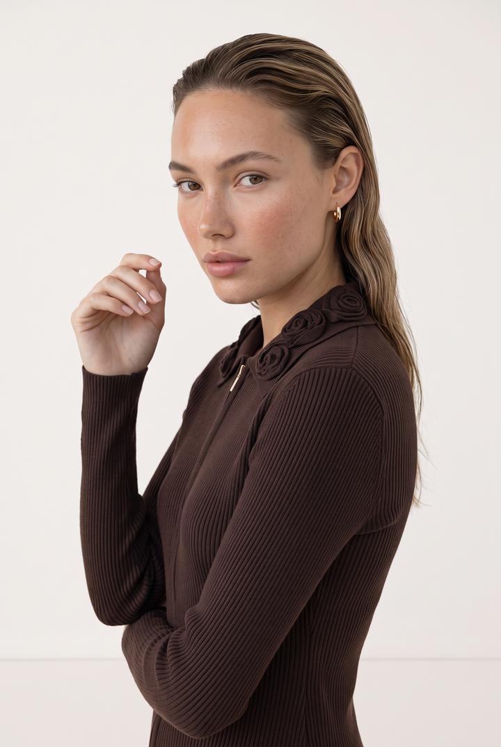 Rosette Collar Zip Cardigan