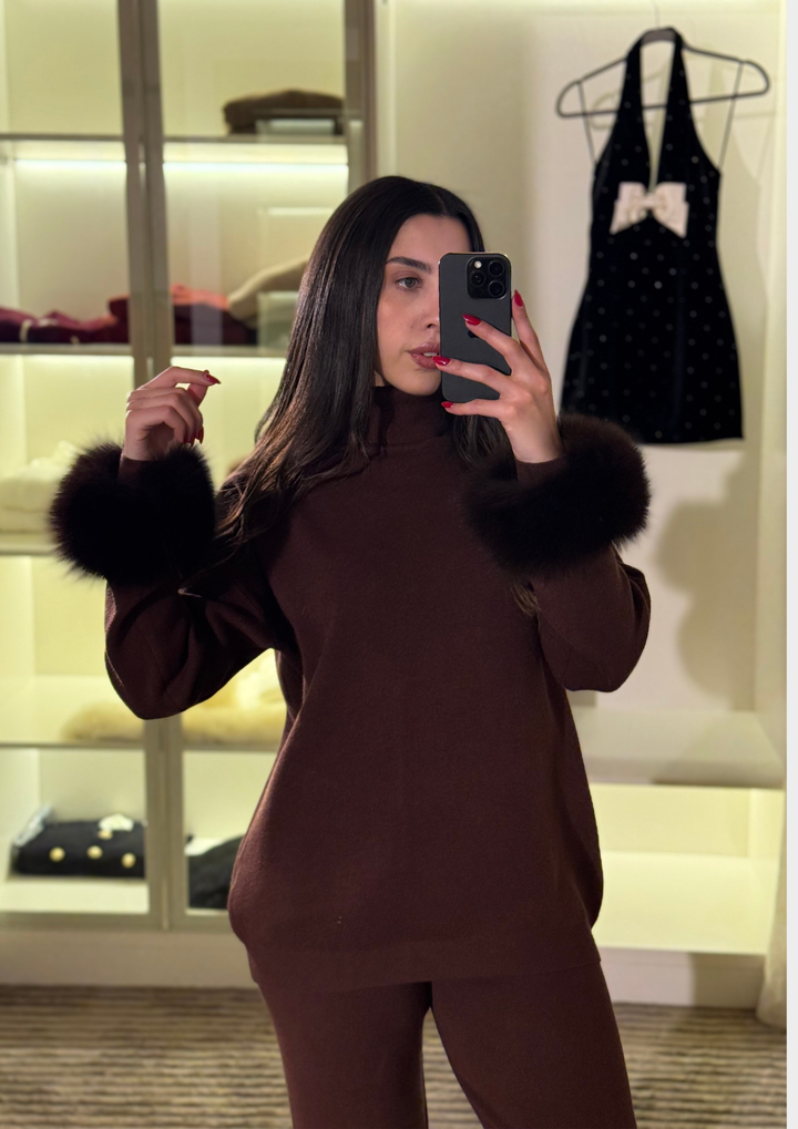 Ivy Real Fox Fur Turtleneck Knit Lounge Set