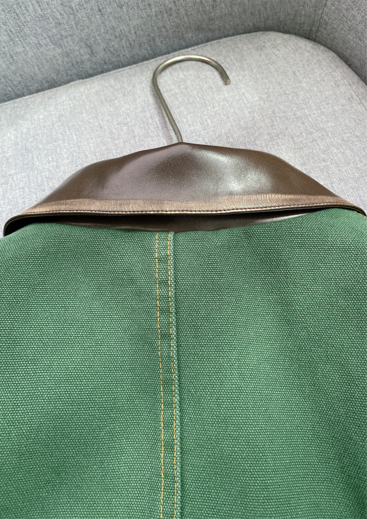 Leather Collar Casual Denim Green Jacket