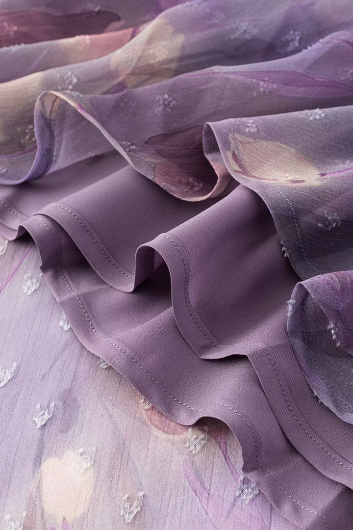 Enchanted Violet Floral Ruffle Maxi Dress