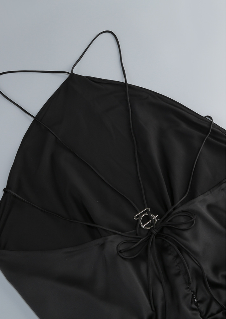 Noir Whisper Backless Ruffle Mini Dress