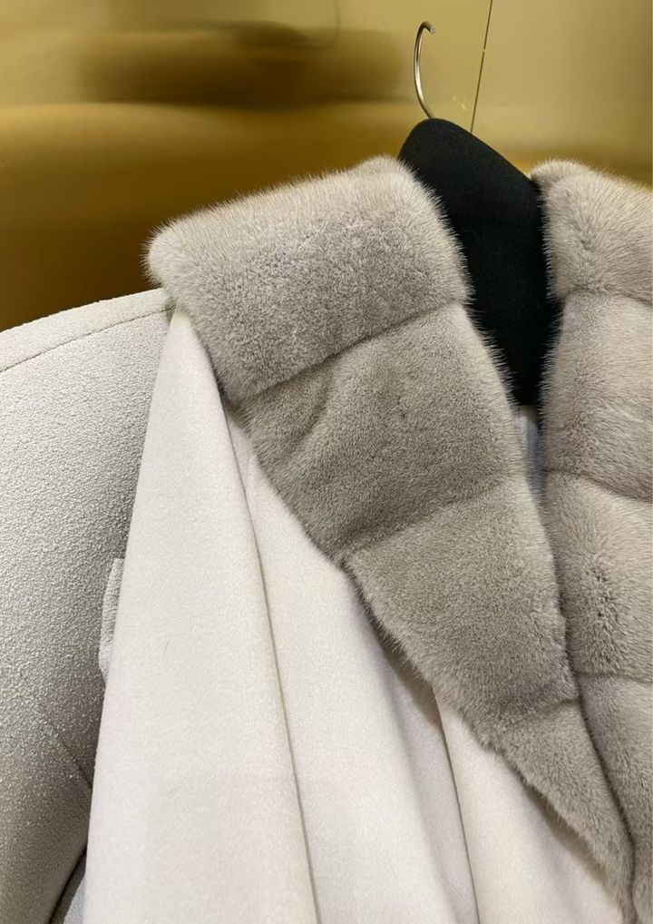 Cashmere Deep V Mink Shawl Collar Coat