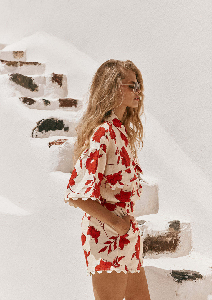 Red Floral Belted Shorts Set