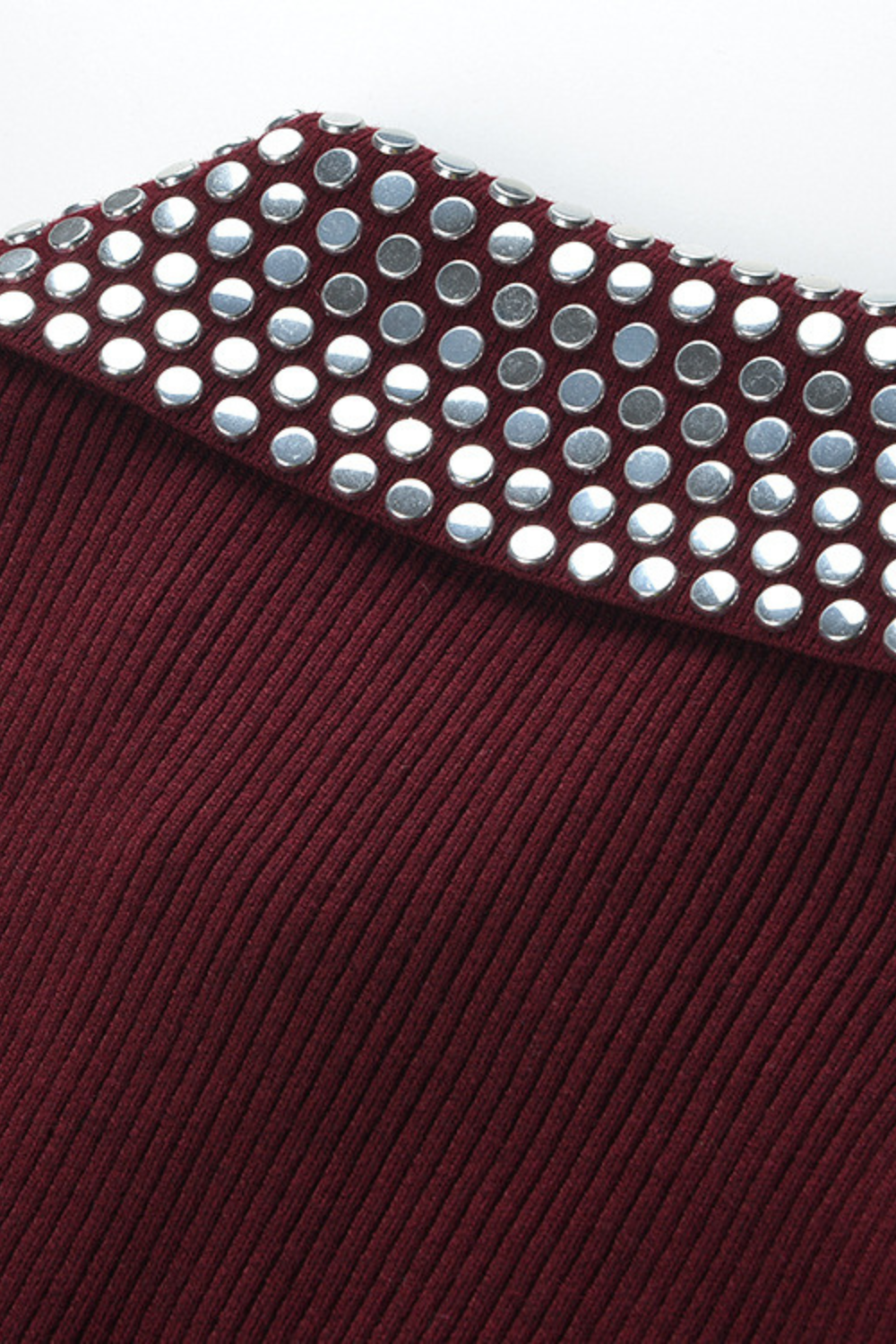 Elegant Burgundy Stud Collar Ribbed Wool Polo Top